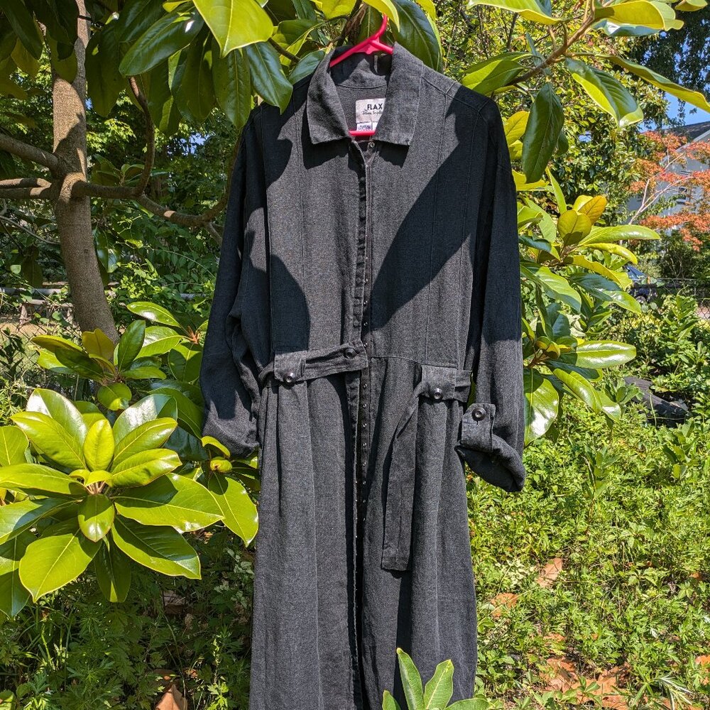 Vintage FLAX Linen Snap Button Front Maxi Dress Duster Workwear Size Large
